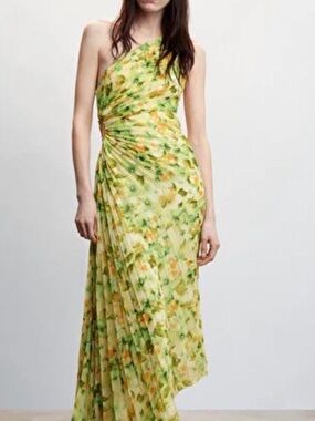 Mango One-Shoulder Floral Green and Yellow Evening Gown